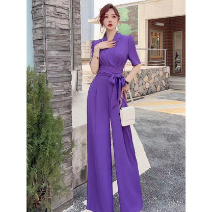 Elegant Temperament Pure Color High Waist Slimming Lace-up Wide Leg Jumpsuit Grayceful LLC