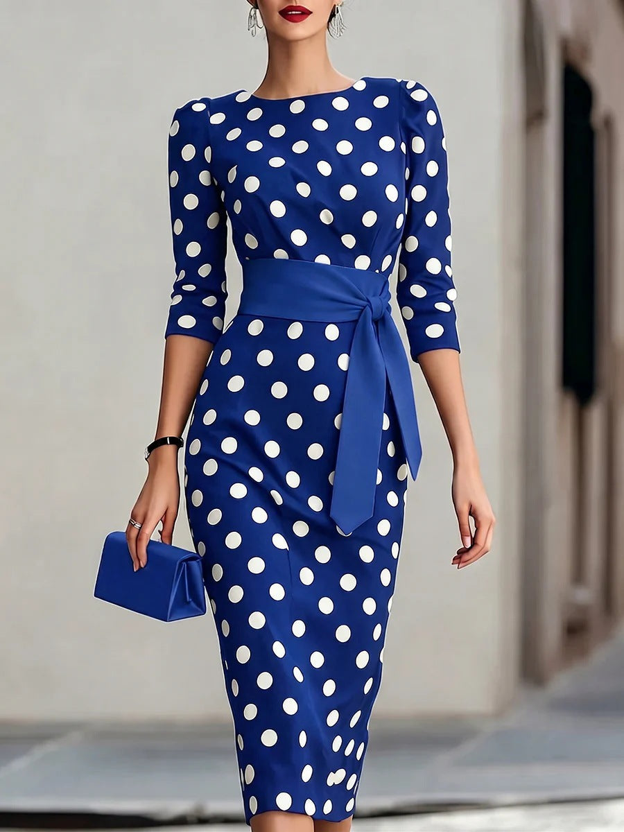 Women's Retro Polka-Dot Bodycon Midi Dress – Belted Cross-Tie FitiqueFit