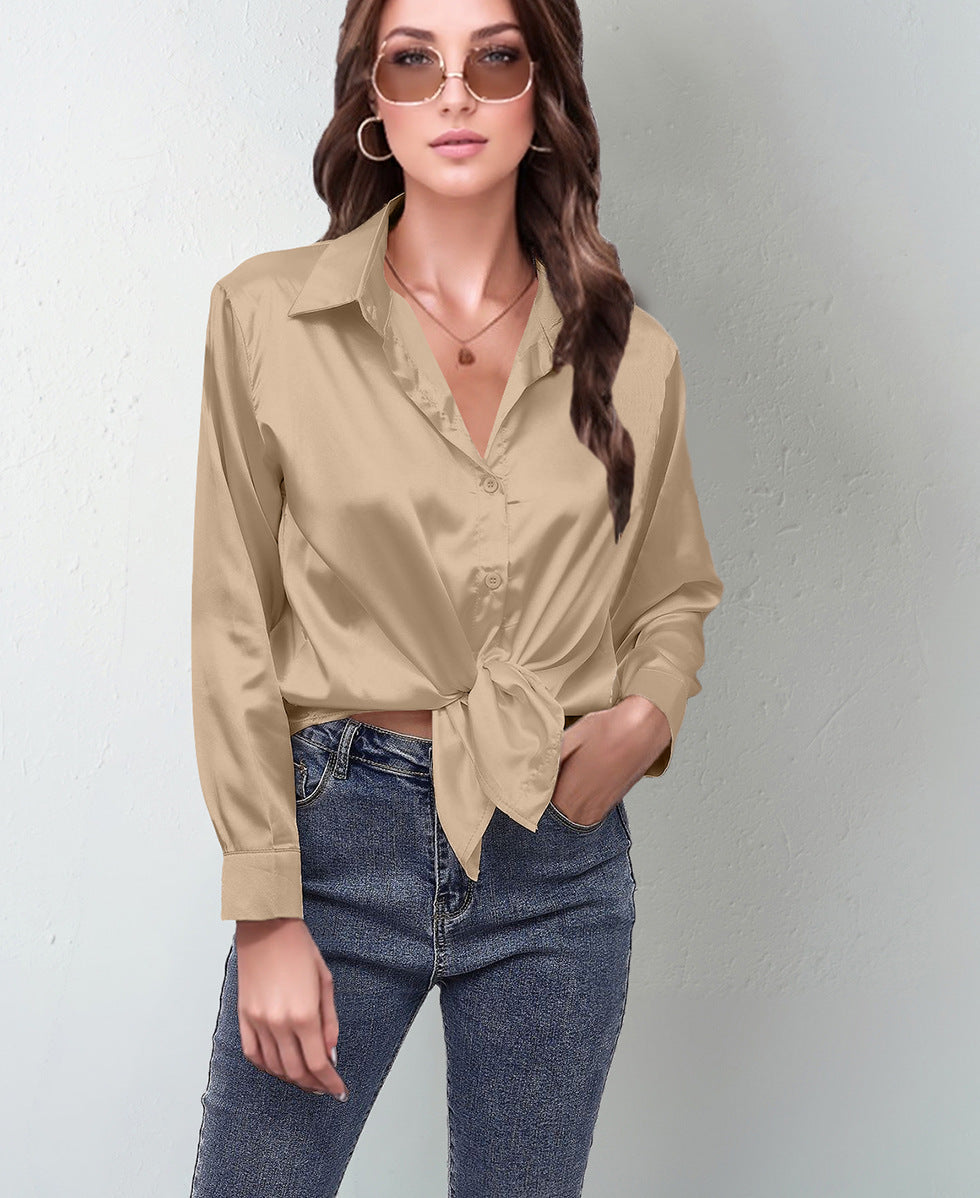 Women’s Satin Lapel Button-Down Blouse FitiqueFit