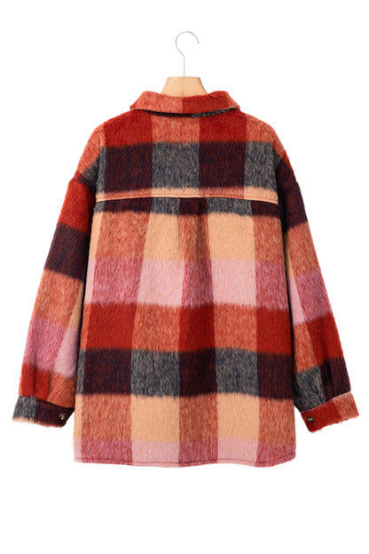 Orange Plaid Print Flap Pockets Buttoned Casual Plus Size Jacket Garden Naked Curves