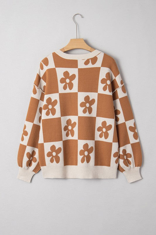 Flower Checker Henley Baggy Sweater Shop Style & More | Fresh Looks, Everyday Deals & Free Shipping