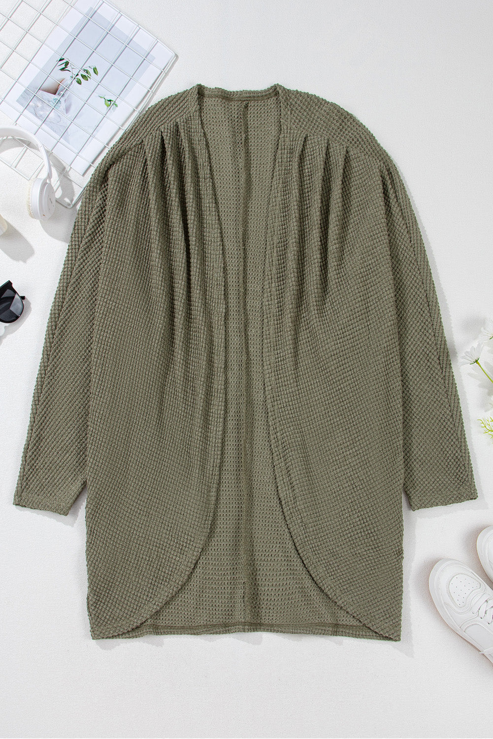 Seagrass Waffle Knit Drop Shoulder Open Front Pocketed Plus Size Cardigan Garden Naked Curves