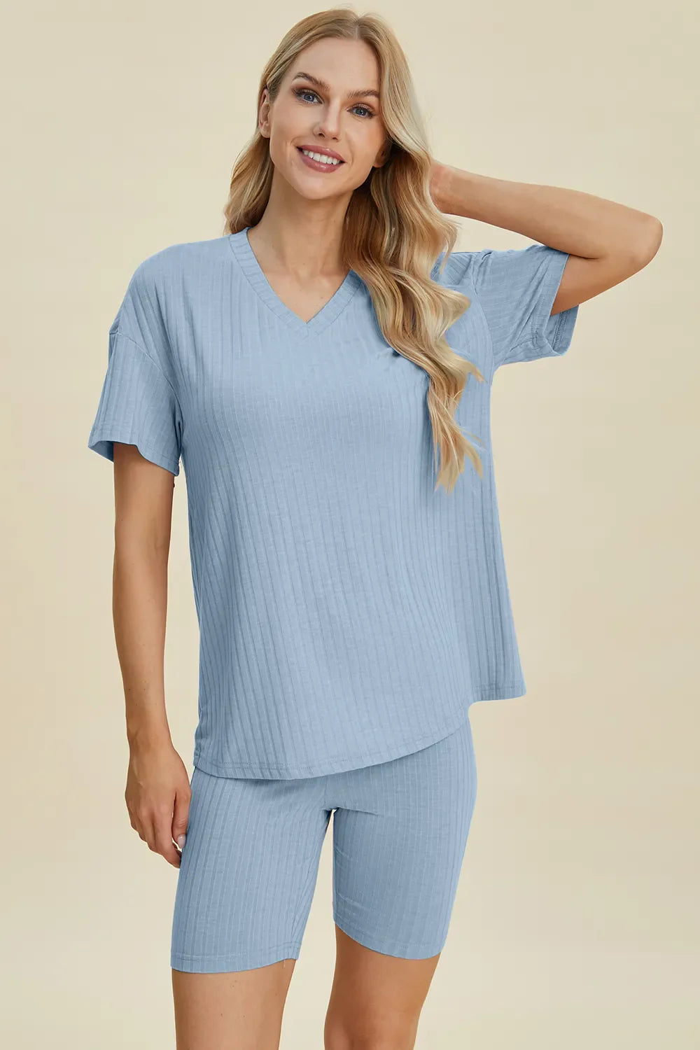 Basic Bae Full Size Ribbed V-Neck Short Sleeve Top and Shorts Set New Era Fashion LLc