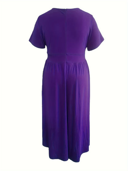 Plus Size Solid Short Sleeve Maxi Dress, Women's Plus Medium Stretch Elegant Long Dress NovaCart