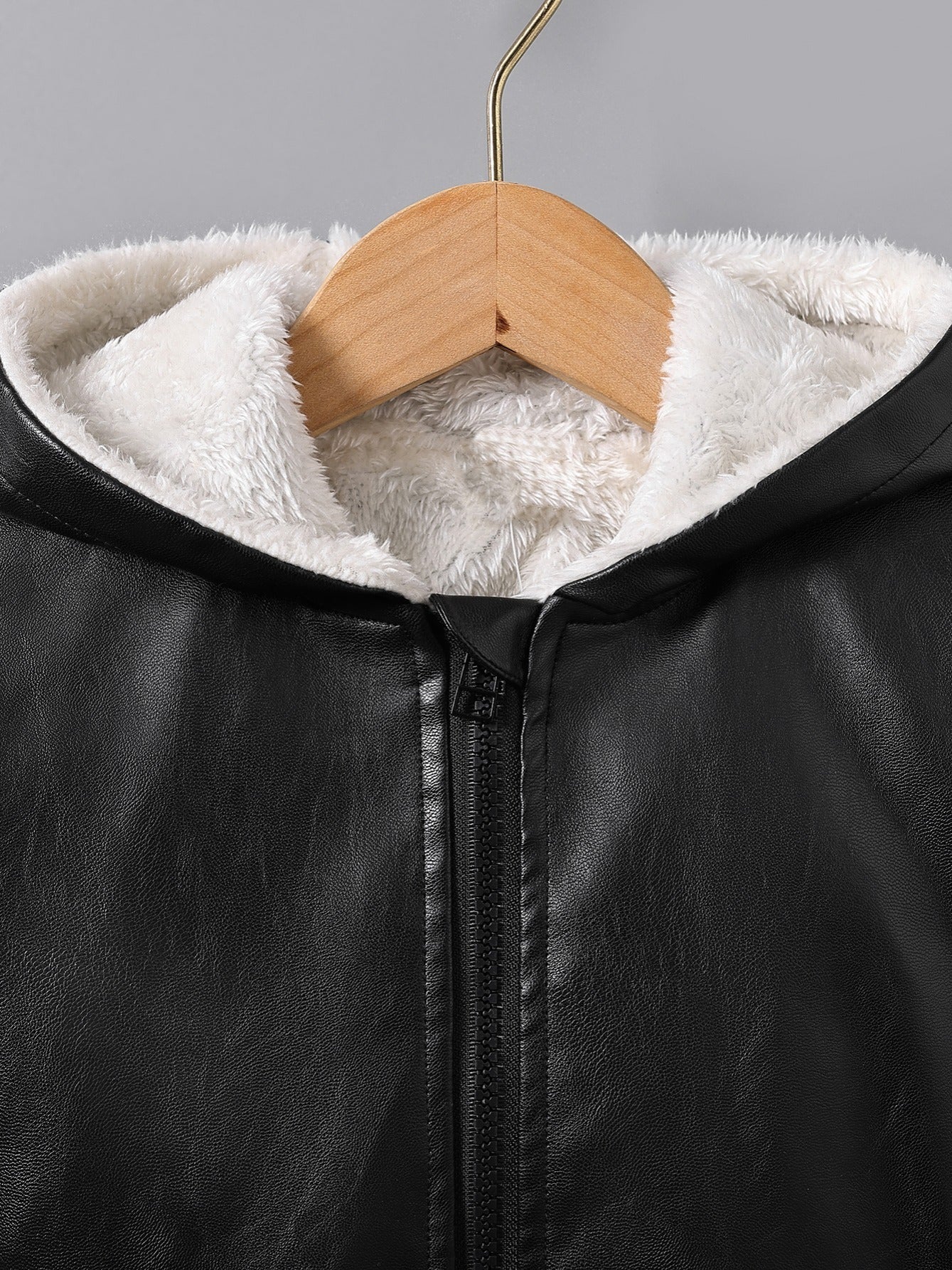 Boys' Faux Leather Jacket with Fleece Lining - Thickened Winter Coat, Full-Zip Front Closure, Machine Washable, Casual Style for Fall/Winter, Regular Fit NovaCart
