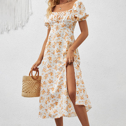Square Neck Floral Print Dress With Puff Sleeves & Side Slit Maxi Dress FitiqueFit
