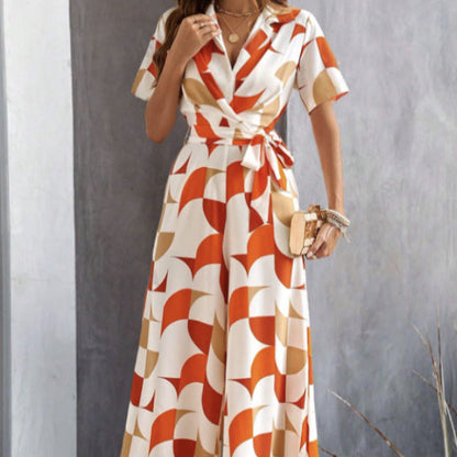 Women's Geometric Print Lace-Up Shirt Jumpsuit – Wide-Leg High-Waist Boho FitiqueFit