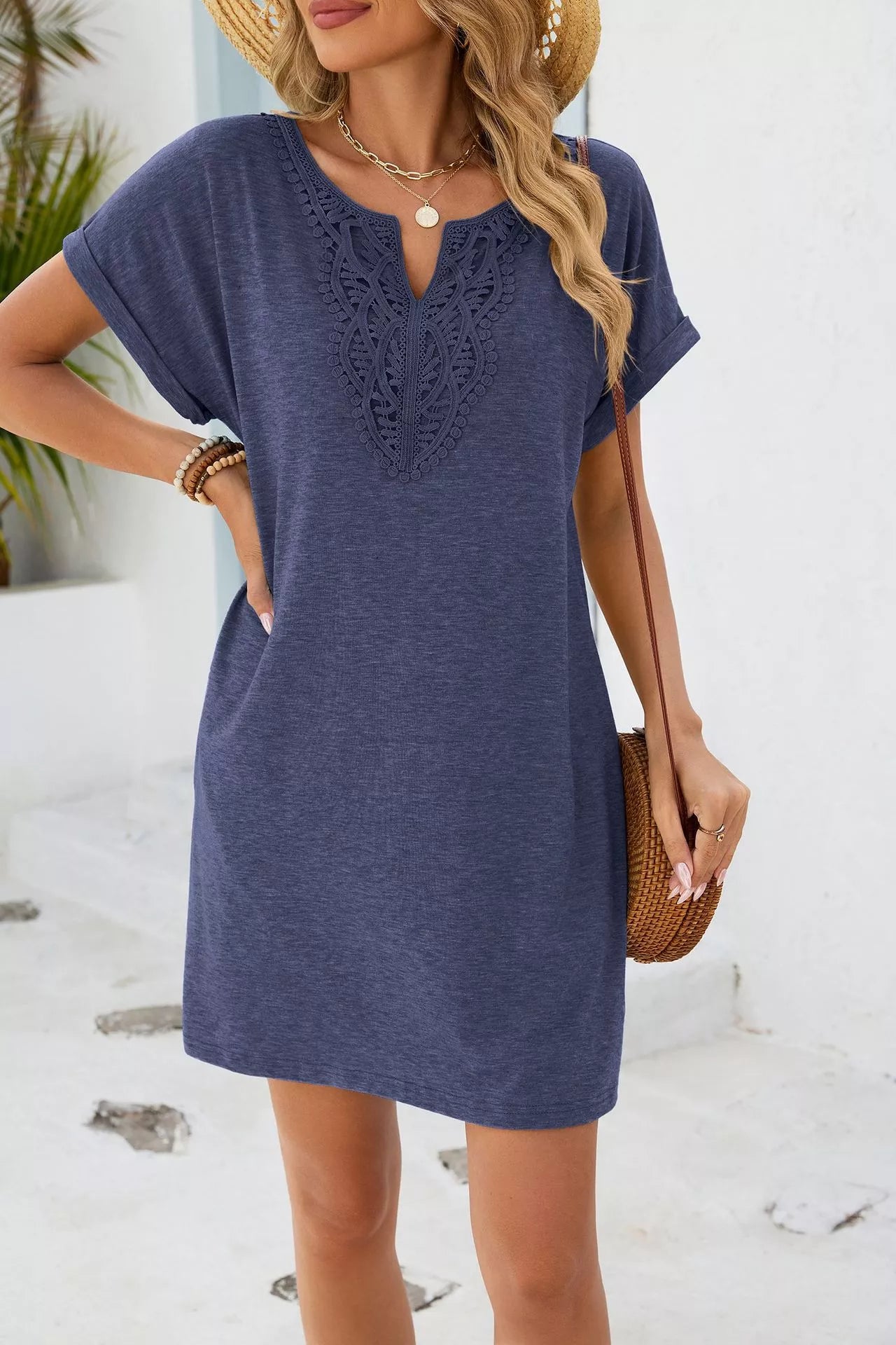 Lace Trim Notched Short Sleeve Dress New Era Fashion LLc