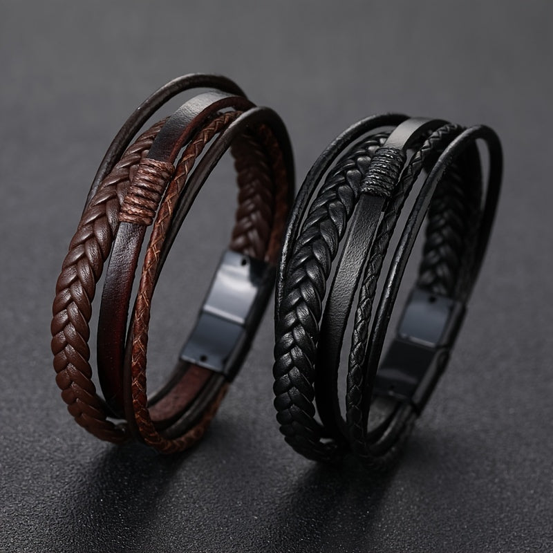 [Stylish Leather Bracelet] Stylish Durable 1pc Men's Hand-Woven Multi-Layer Leather Bracelet | with Buckle Closure, Versatile Accessory for Casual or Formal Wear NovaCart