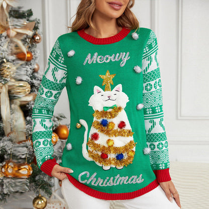 Jacquard Pullover Christmas Cartoon Kitten Embroidered Sweater for Women FitiqueFit