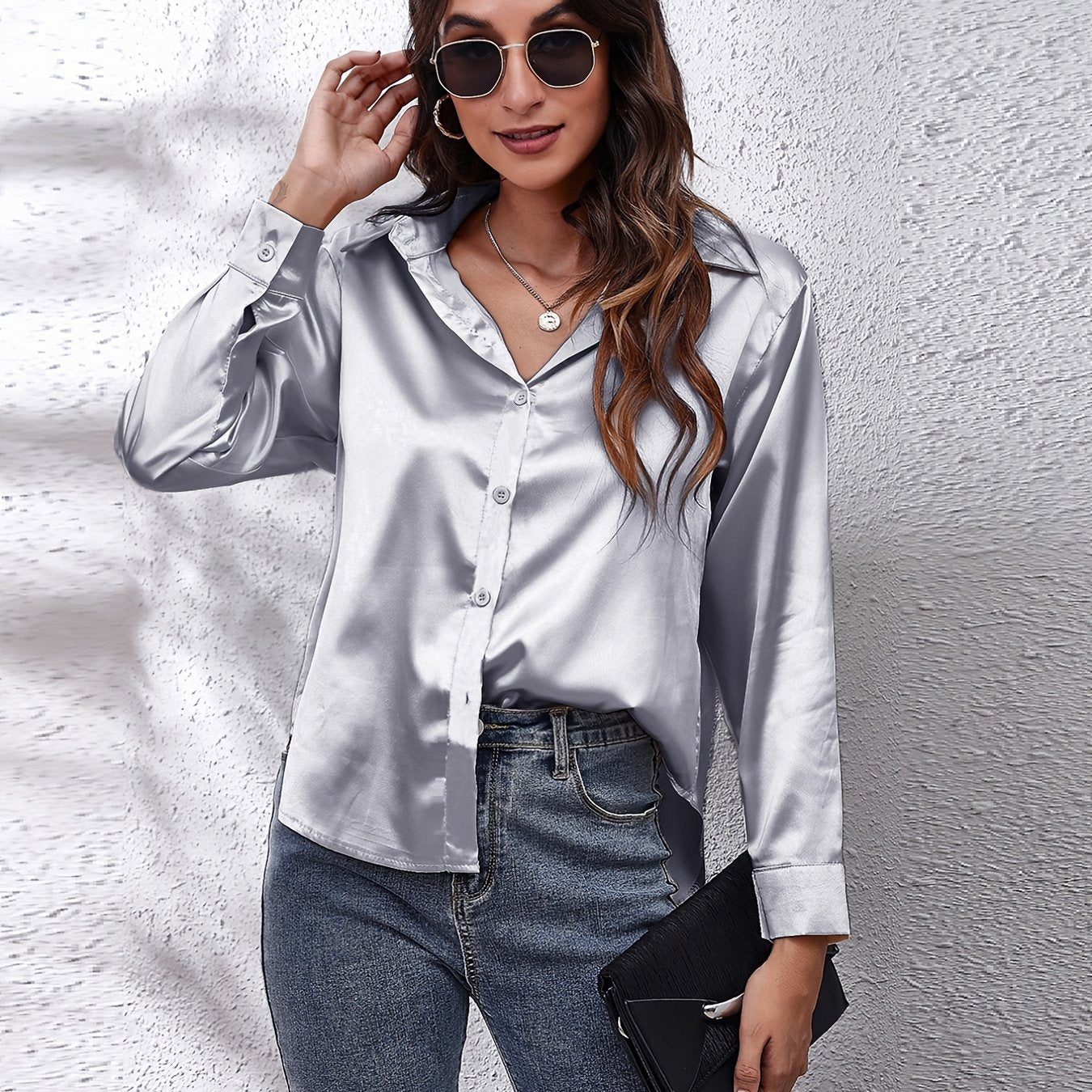 Hot Style In-Kind Shooting Satin Shirt Women'S Satin Imitation Long-Sleeved Shirt New European And American Cross-Border Women'S Clothing NovaCart
