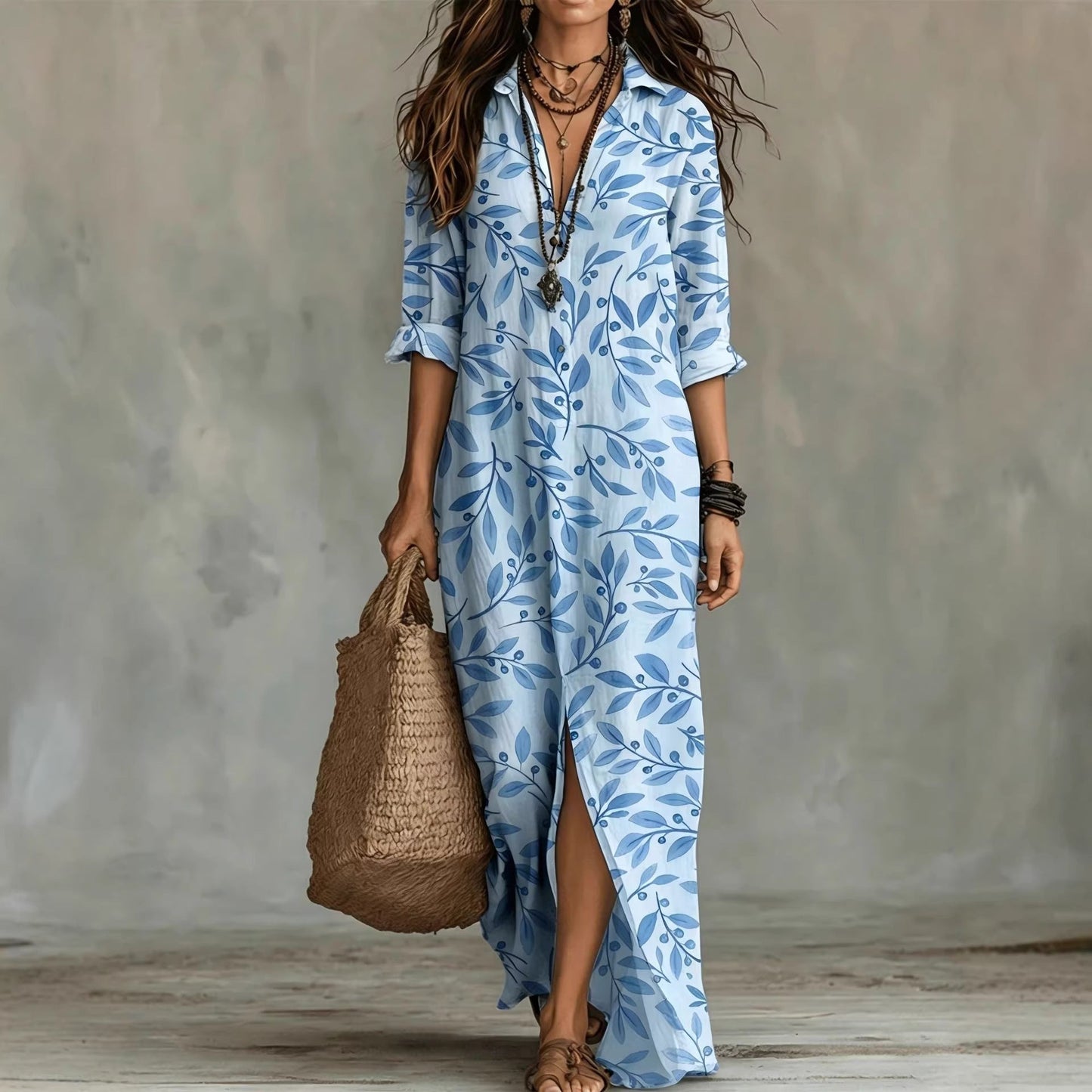 Digital Print Lapel Midi Shirt Dress – 5 Colors, S–3XL FitiqueFit