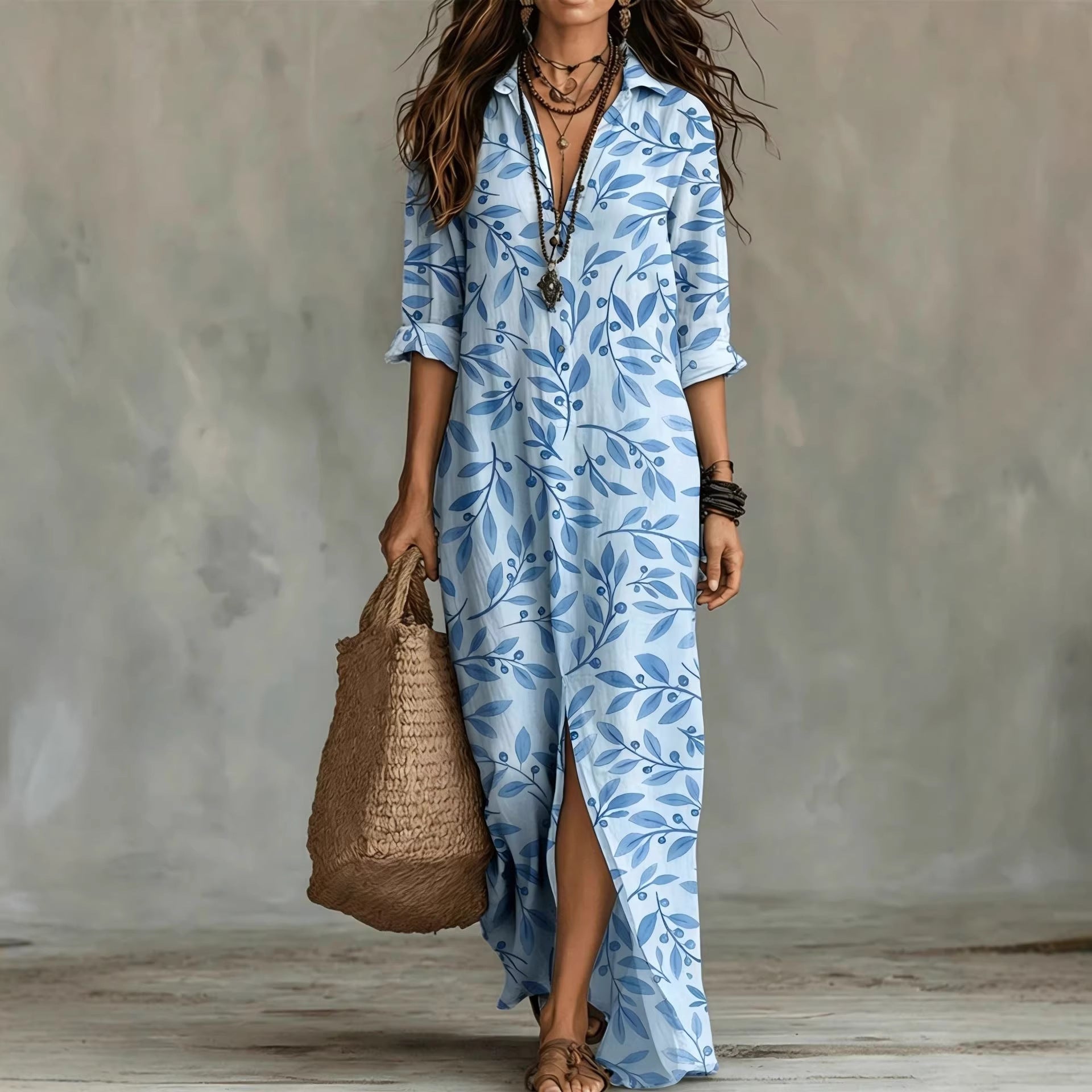 Digital Print Lapel Midi Shirt Dress – 5 Colors, S–3XL FitiqueFit