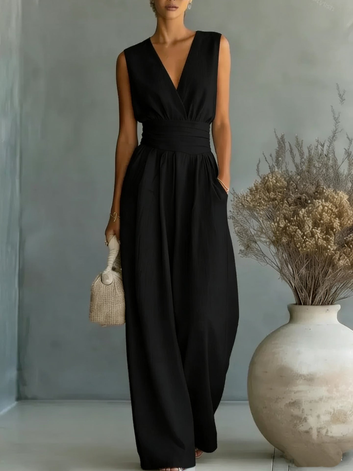 Women's Elegant V-Neck Sleeveless Jumpsuit – Waist-Cinching Straight Leg FitiqueFit