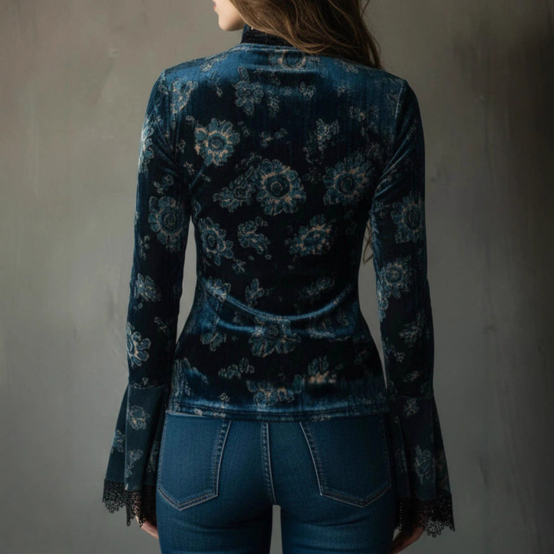 Women’s Retro Lace Panel V-Neck Blouse – Elegant Print Bell Sleeve Top for Spring & Autumn Wear FitiqueFit
