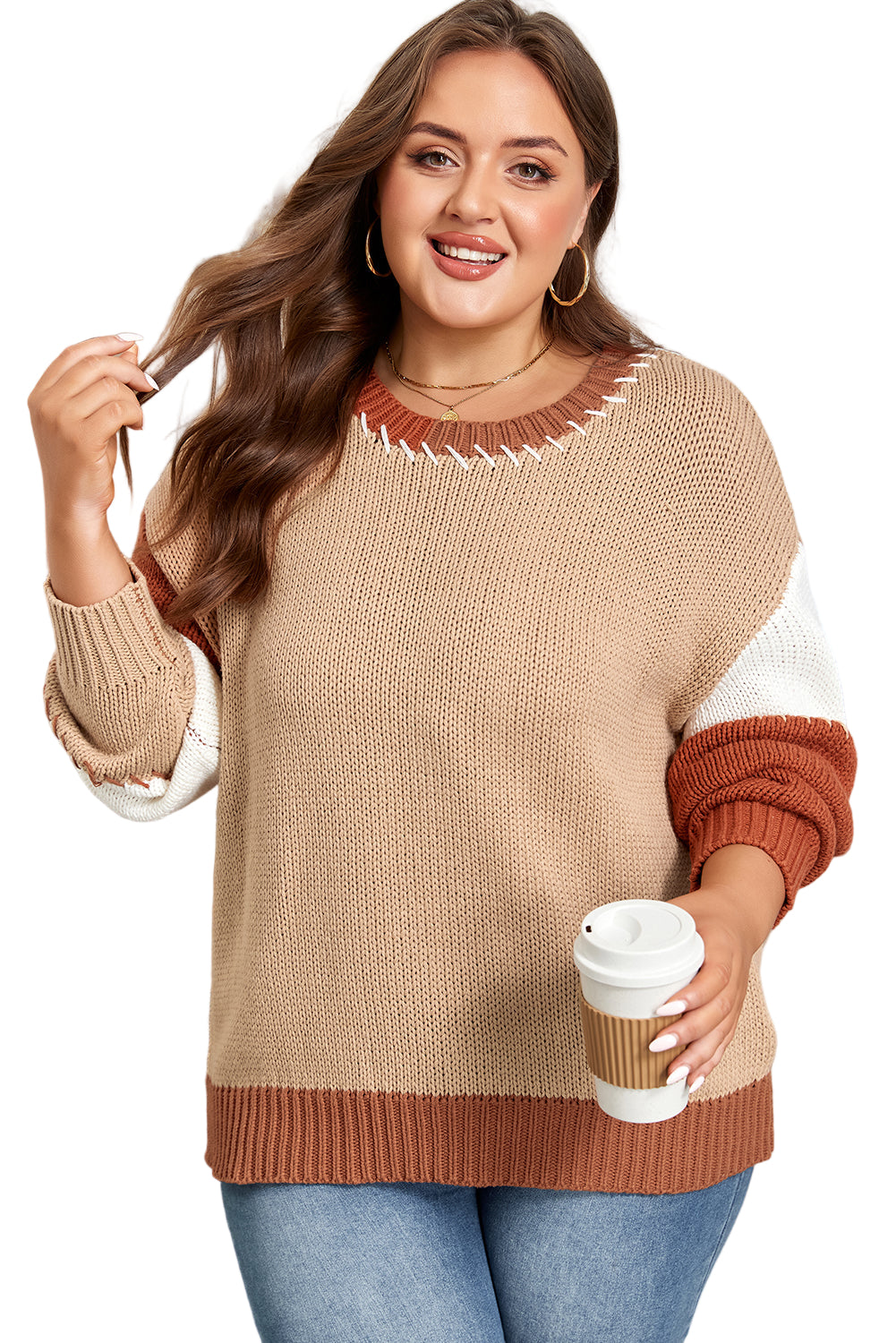 Light French Beige Contrast Stitch Detail Color Block Knitted Plus Size Sweater Garden Naked Curves