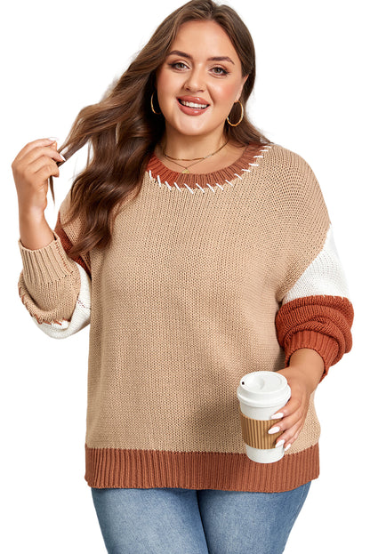 Light French Beige Contrast Stitch Detail Color Block Knitted Plus Size Sweater Garden Naked Curves