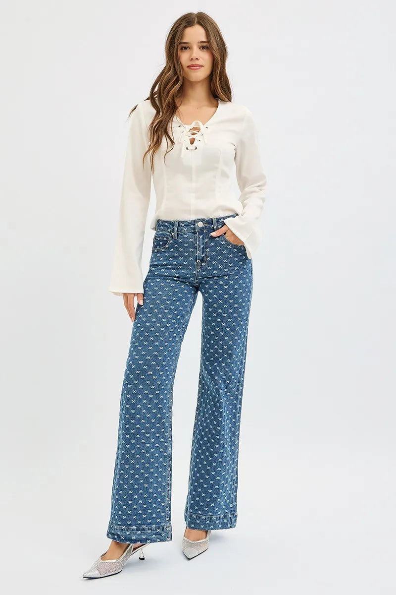 RISEN High Rise Wide Leg Bow Embroidered Jeans West2East Surf