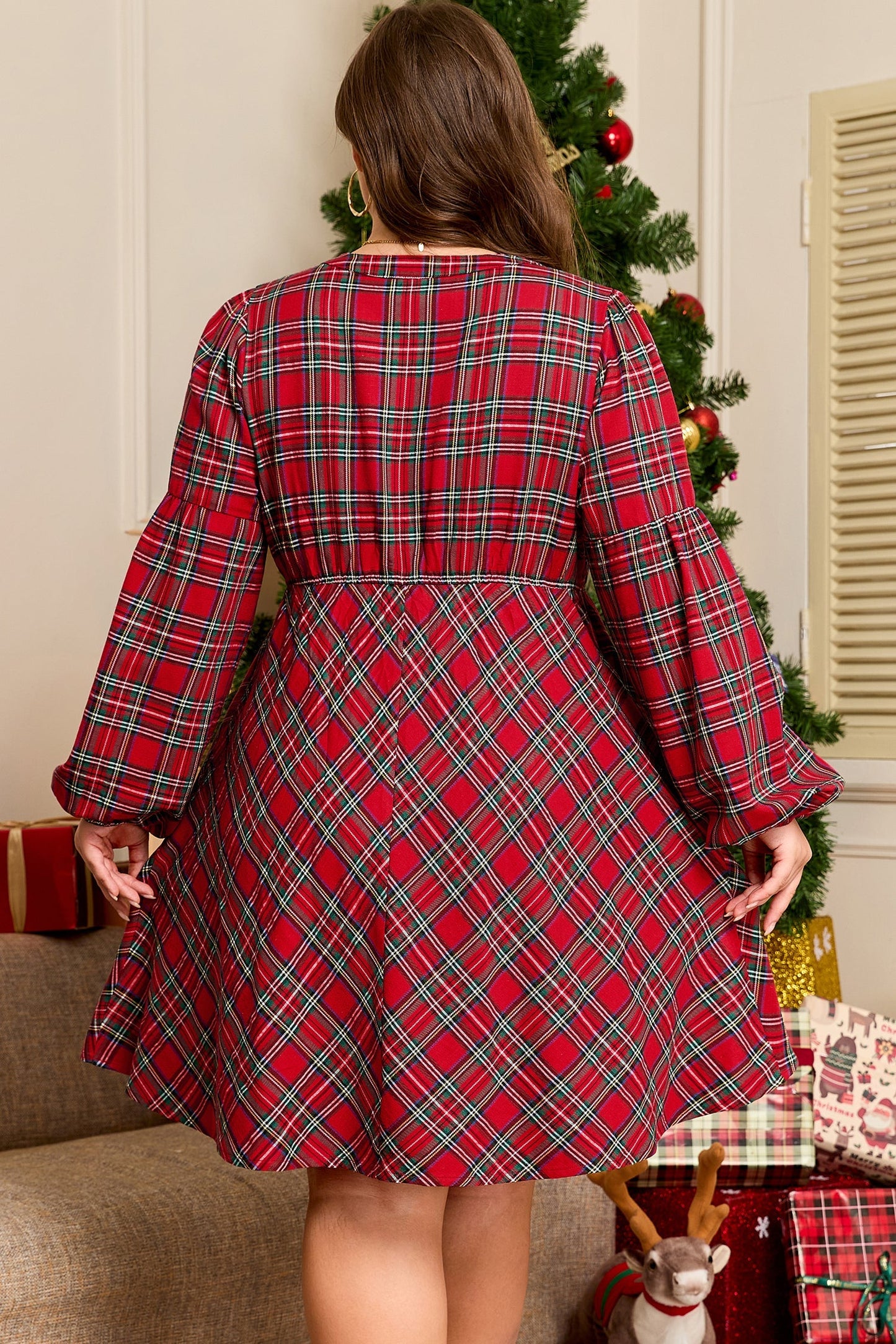 Red Plus Size Plaid Half Button Long Sleeve Holiday Dress Garden Naked Curves