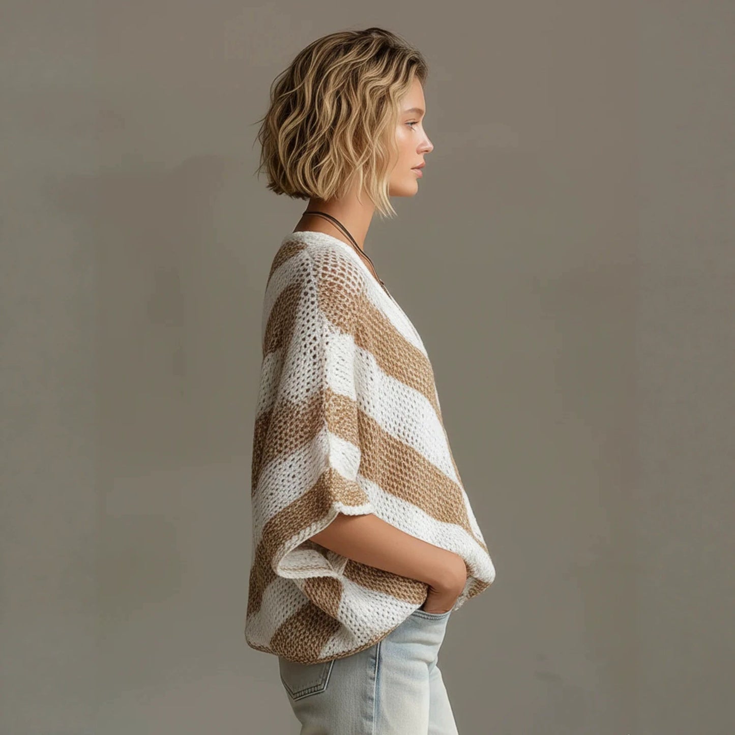 Women's V-Neck Knit Sweater – Loose Fit, Drop Shoulder, 3/4 Sleeve FitiqueFit