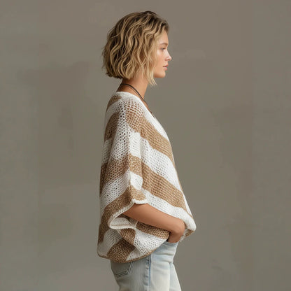 Women's V-Neck Knit Sweater – Loose Fit, Drop Shoulder, 3/4 Sleeve FitiqueFit