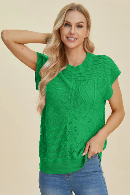 Double Take Full Size Cable-Knit Round Neck Cap Sleeve Sweater New Era Fashion LLc