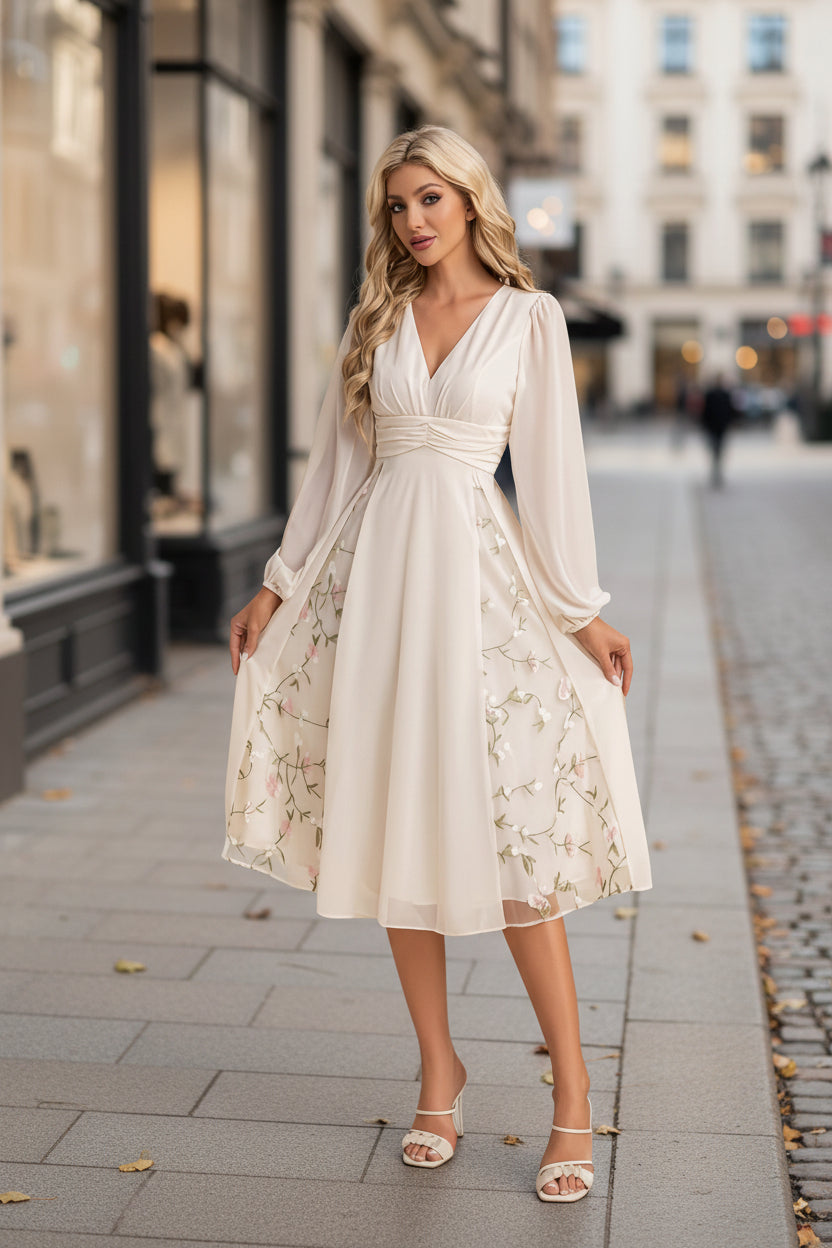 Floral Long Sleeve V-Neck Pleated Midi Dress – High Waist Flared Hem FitiqueFit