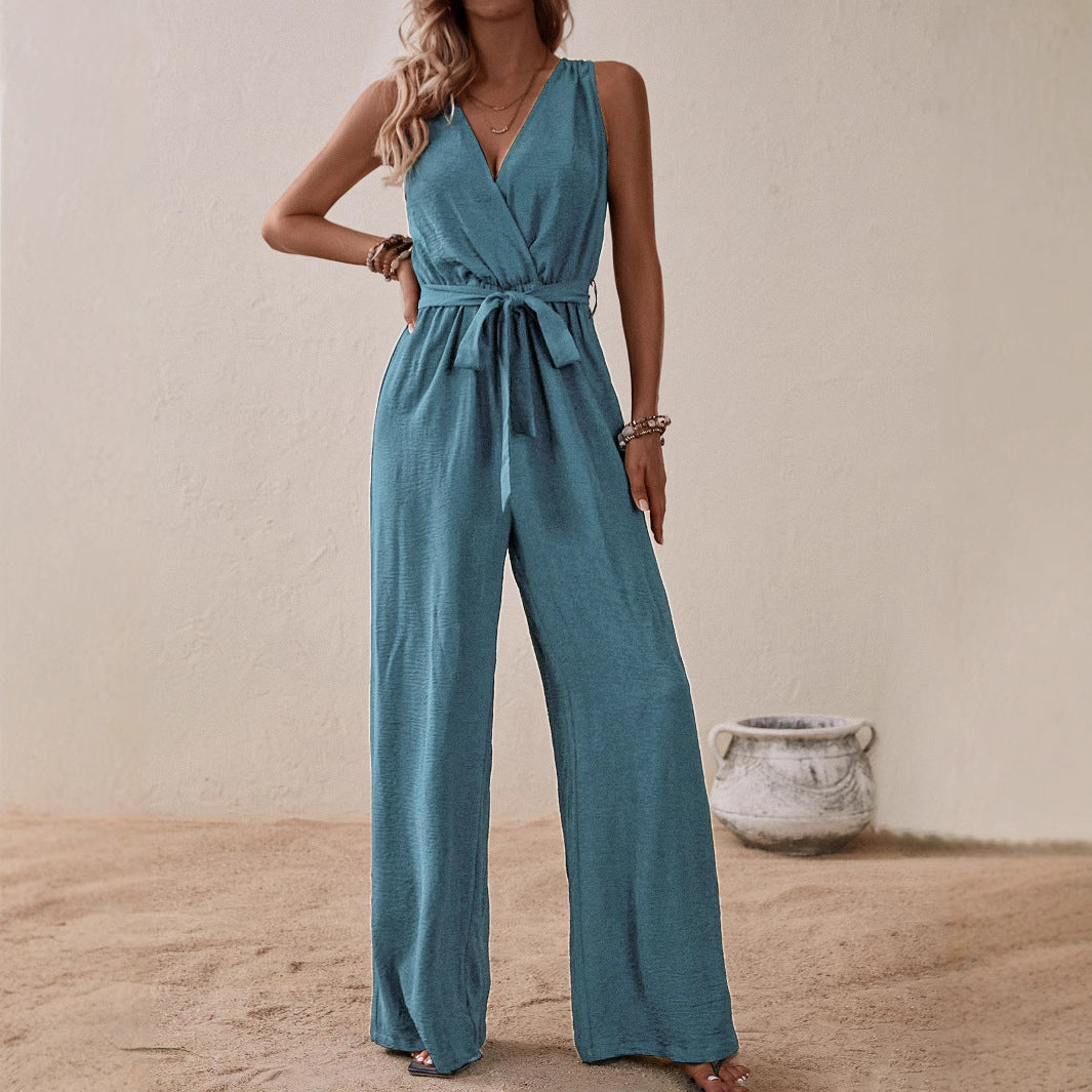 Women's Strap High-Waist Sleeveless Jumpsuit – Ice Silk Casual Wide-Leg FitiqueFit