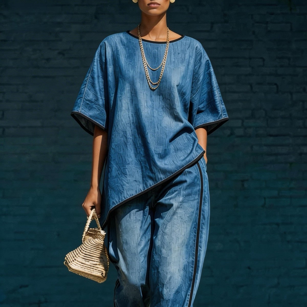 Women's Denim-Style Knit Top & Wide-Leg Pants Set – Casual 2-Piece FitiqueFit