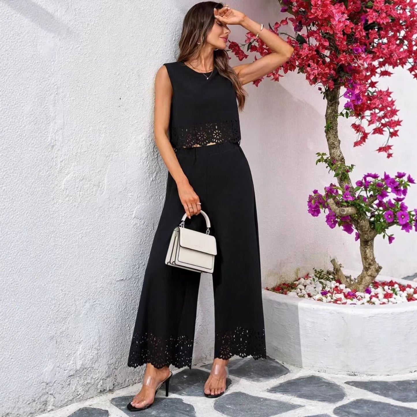 Women's Resort-Style Hollow-Out Tank Top & Pants Set – 2-Piece with Pockets FitiqueFit