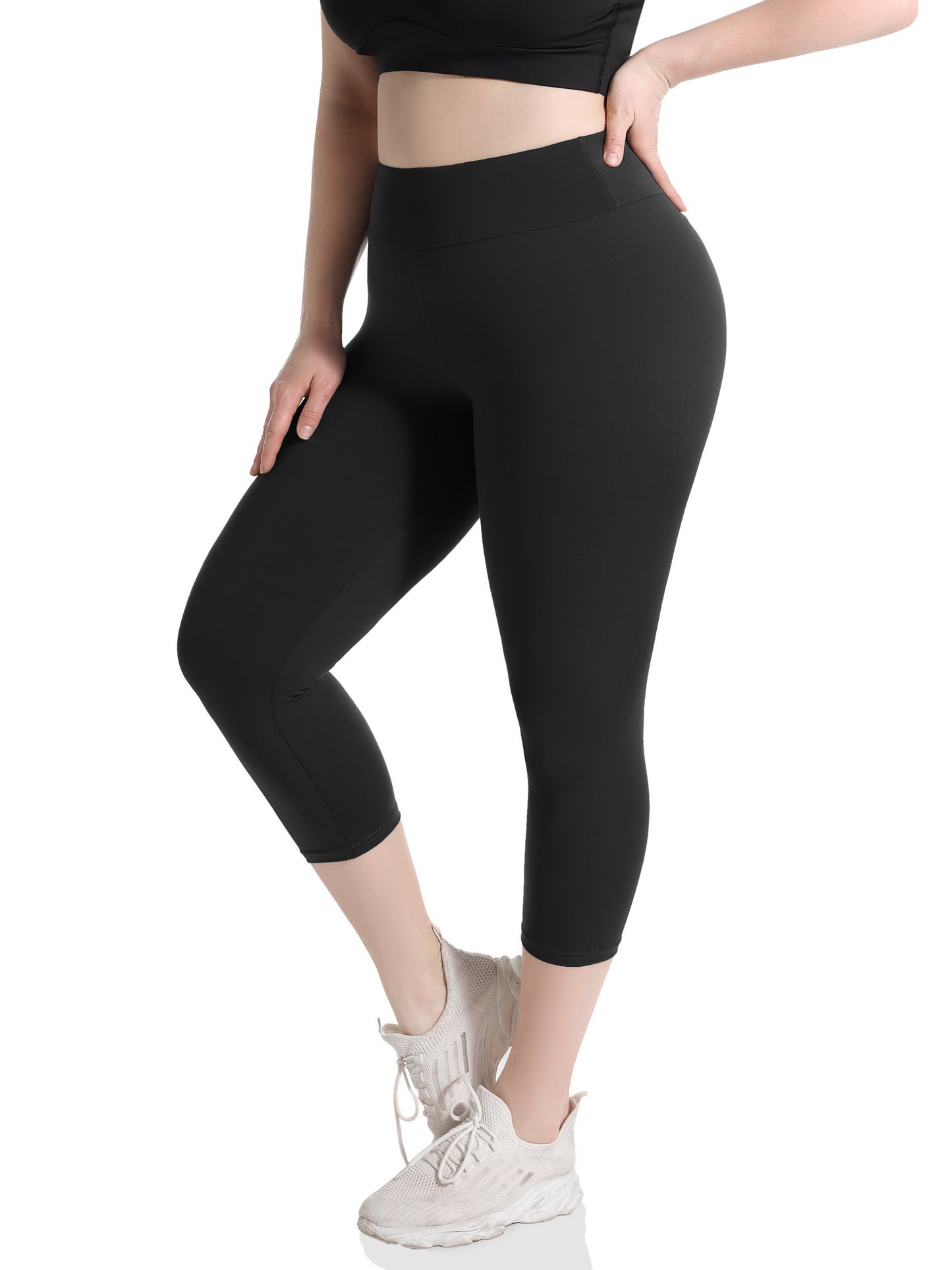 Women'S Plus Size Capri Leggings, High Waist Tummy Control, 4X Stretch, Pocket Detail, Solid Black, Knit Fabric, Polyester 92%, Spandex 8%, 210g/m², All Season Skinny Yoga Pants NovaCart