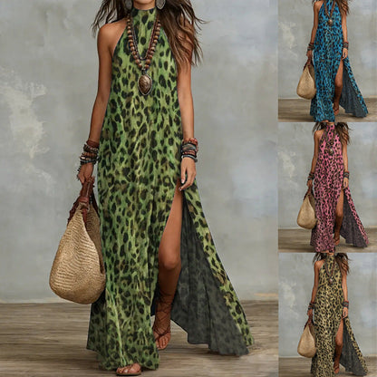 Women's Printed Scarf-Style Maxi Dress – Sleeveless, Split, Loose Boho FitiqueFit