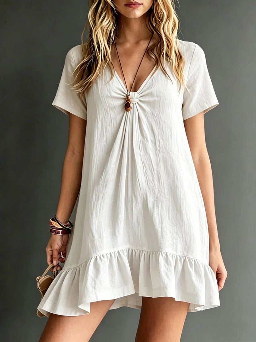 Women's V-Neck Short-Sleeve Midi Dress – Ice Silk Crepe Loose Casual FitiqueFit