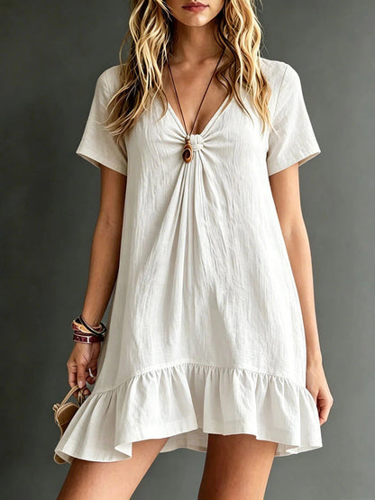 Women's V-Neck Short-Sleeve Midi Dress – Ice Silk Crepe Loose Casual FitiqueFit