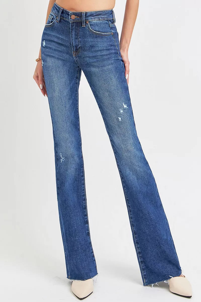 RISEN Full Size Distressed Mid Rise Flare Jeans Plus Size Garden Naked Curves