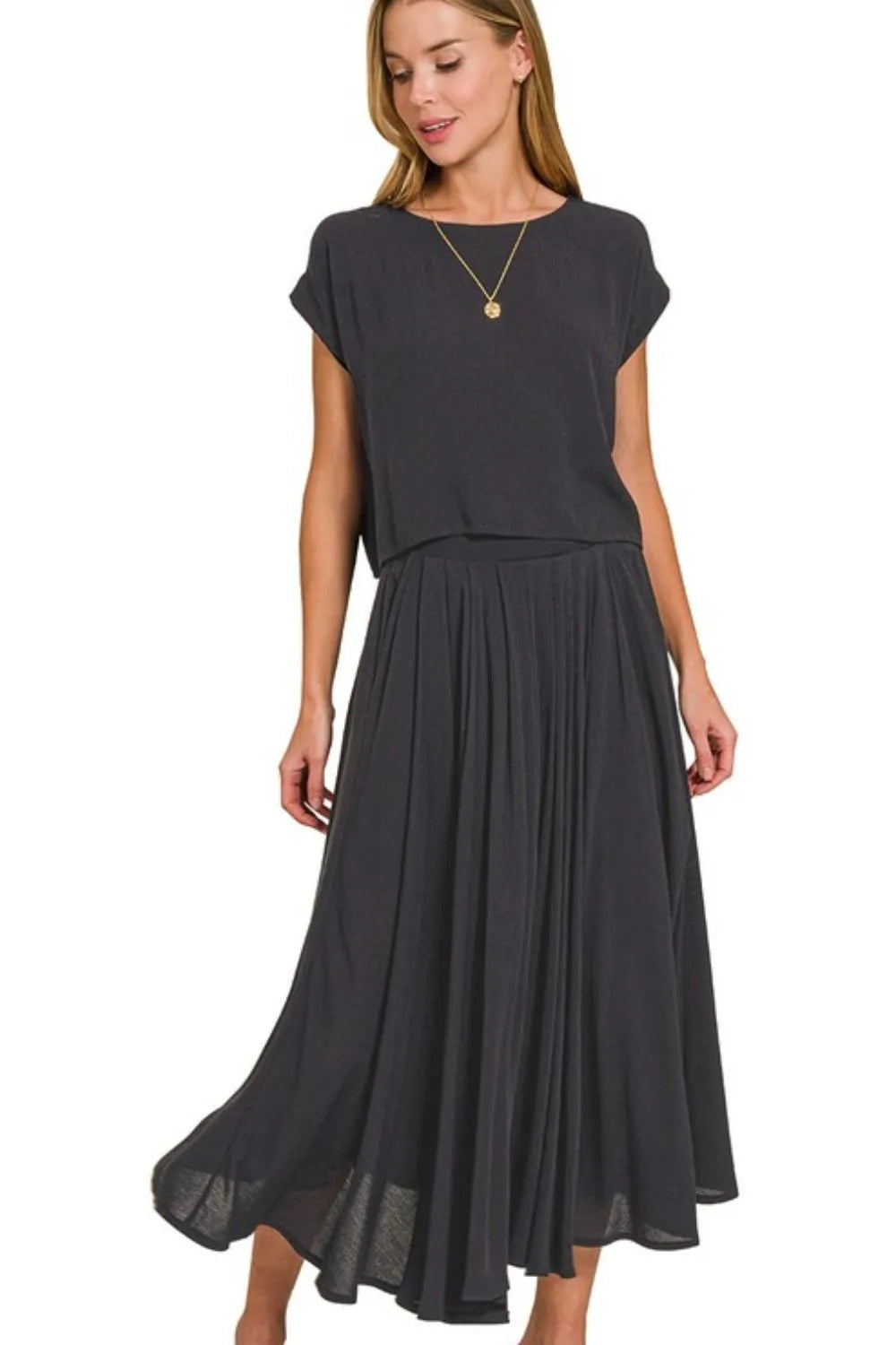 Zenana Woven Crinkle Gauze Crop Tee and Skirt Set West2East Surf