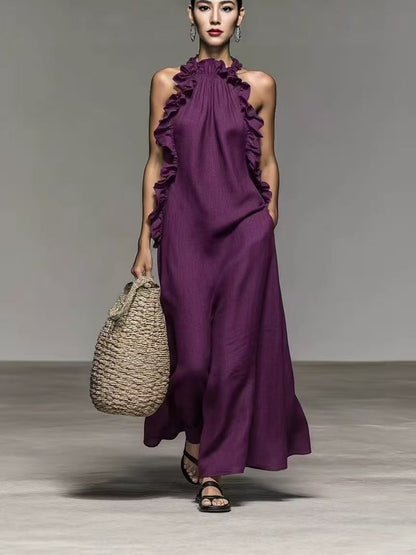 Halter Neck Ruffled Sleeveless Dress – Loose Fit Flowy Dress With Pockets FitiqueFit