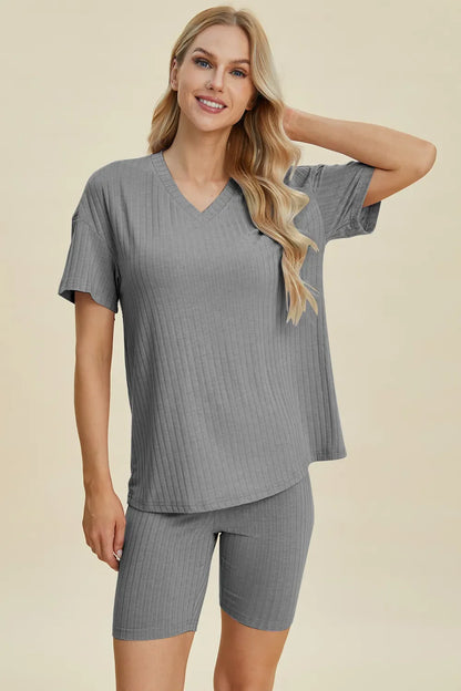 Basic Bae Full Size Ribbed V-Neck Short Sleeve Top and Shorts Set New Era Fashion LLc