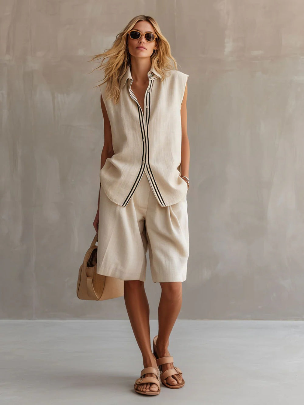 Women's Linen Shirt and Shorts Set – Sleeveless Summer Two-Piece FitiqueFit