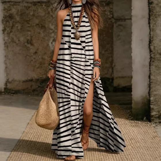 Women's Printed Halterneck Split Maxi Dress – Loose Fit Sleeveless FitiqueFit
