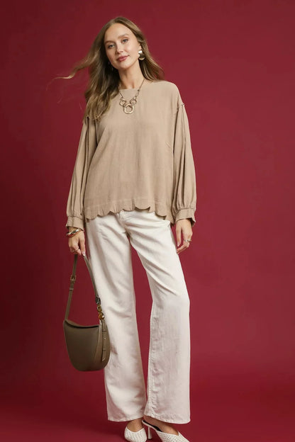 Umgee Linen Scallop Hem Long Sleeve Blouse | Fitiquefit FitiqueFit