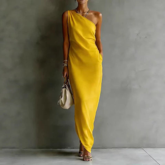 Women's Satin Off-Shoulder Slim-Fit Maxi Dress FitiqueFit