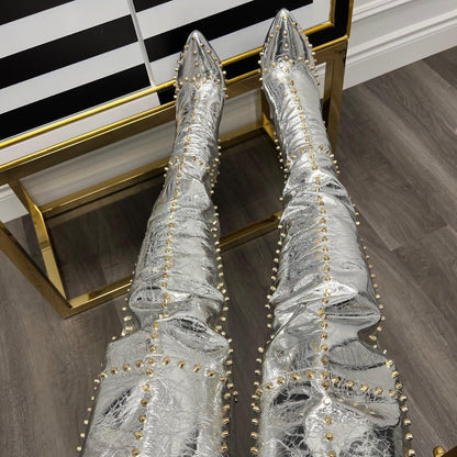 Explosive Sexy Gold-studded Stiletto-pointed Fashion Boots See size chart under “more details” The Fashion Celestial