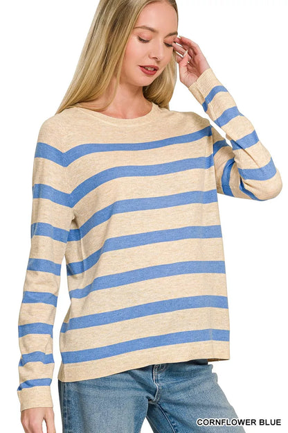 Zenana Lightweight Wool Blend Striped Round Neck Sweater New Era Fashion LLc