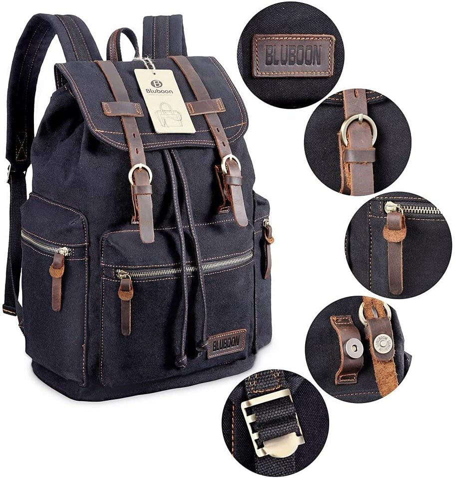Vintage Backpack Leather Trim Casual Bookbag Men Women Laptop Travel Rucksack