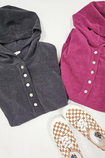 Long Sleeve Button Down Ribbed Hooded Sweatshirt Shop Style & More | Fresh Looks, Everyday Deals & Free Shipping