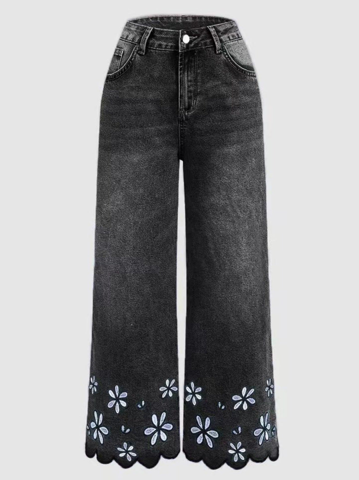 Chrysanthemum Embroidered Cropped Denim Jeans – Women's Loose Straight-Leg FitiqueFit