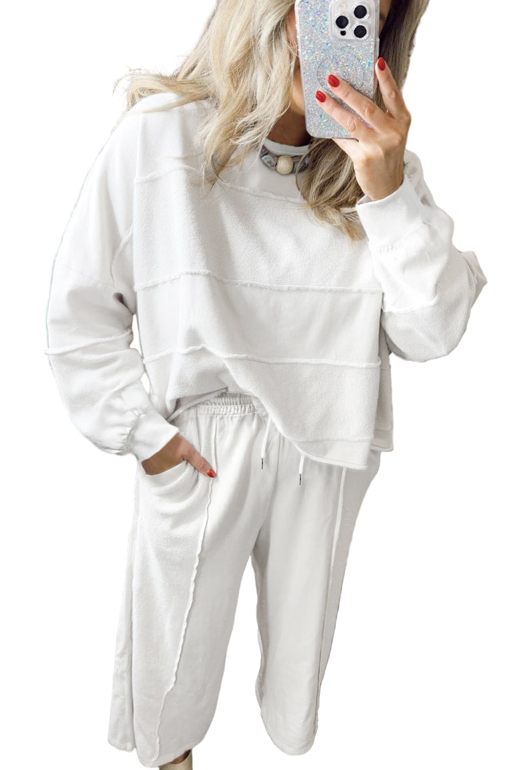 White Textured Raw Seam Plus Size Pullover Top and Drawstring Pants Set Garden Naked Curves