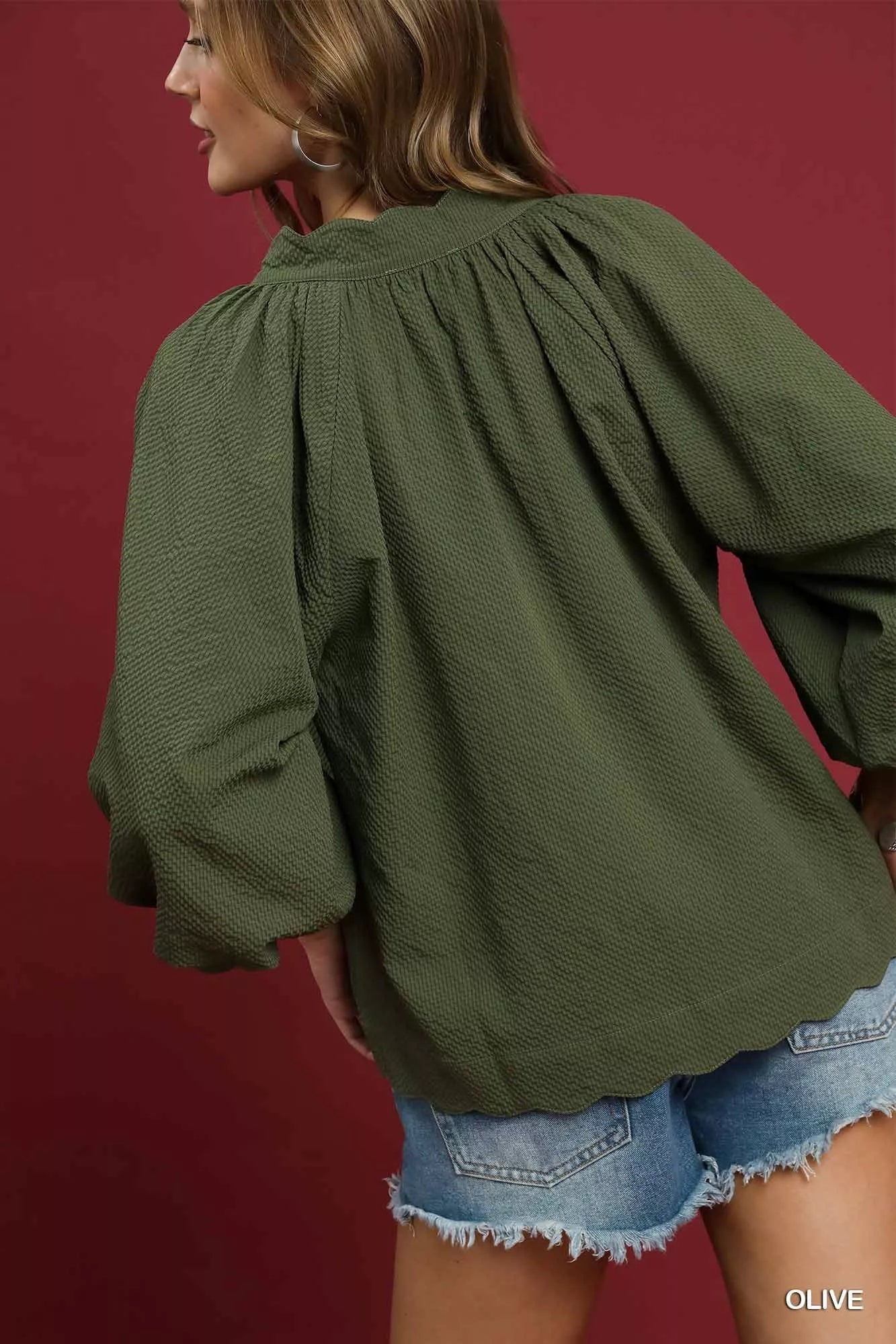 Umgee Full Size Textured Notched Balloon Sleeve Blouse Plus Size Garden Naked Curves