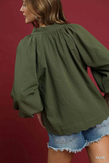 Umgee Full Size Textured Notched Balloon Sleeve Blouse Plus Size Garden Naked Curves